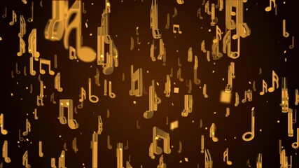 4K Moving through musical note symbols with Golden Color Seamless loop on black background. For event, projection, audio visualization, fashion show, concert stage, music video art, VJs or party.