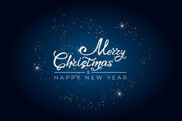 Merry Christmas and Happy New Year 2021. Greeting card with hand drawn lettering and gold glittering spirals on blue background. For holiday invitations, banner, poster. Vector illustration.