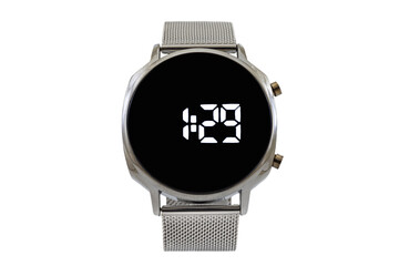 Silver smartwatch with mesh style strap, black dial face and digital numerals, isolated on white...