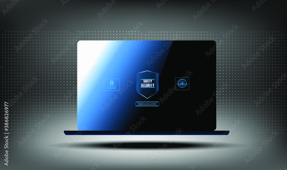 Poster laptop with security shield. the concept of protecting your computer from unauthorized entry. the se
