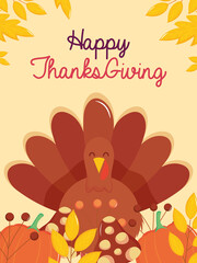 happy thanksgiving design with cartoon turkey and pumpkins and dry leaves