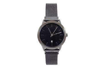 Women's round classic watch with black matte metal mesh style strap, black dial face and date...
