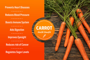 Carrots with health benefits on wooden background