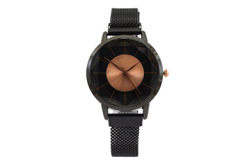 Women's round classic watch with black matte metal mesh style strap, black and orange dial face...
