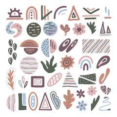 Big set of hand drawn art objects of various shapes in the style of minimalism, boho coloring. Doodle, simple illustration. It can be used for decoration of textile, paper and other surfaces.