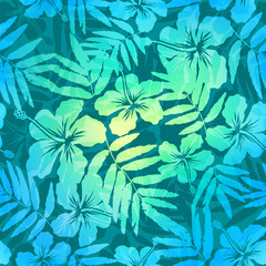 Blue and green colors hibiscus flowers and leaves silhouettes vector tropic summer floral pattern