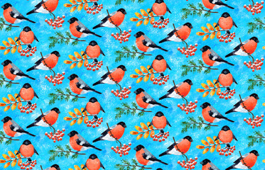 Red winter bullfinch birds with yellow rowan leaves, red berries and snowy brunches at sky blue background, raster seamless pattern