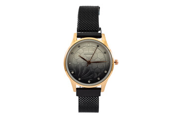 Classic watch with black matte metal mesh style strap, black dial face and shiny gems isolated on...