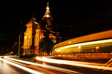 Fototapeta na wymiar Long exposure night photo of the orthodox cathedral in the city of Timisoara