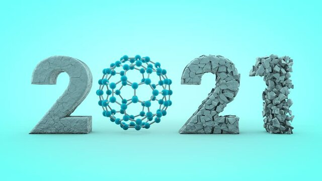 3D animation of the date of 2021 new year. A graphene molecule in place of zero, Numbers are formed from fragments. The idea of the future of nanotechnology.