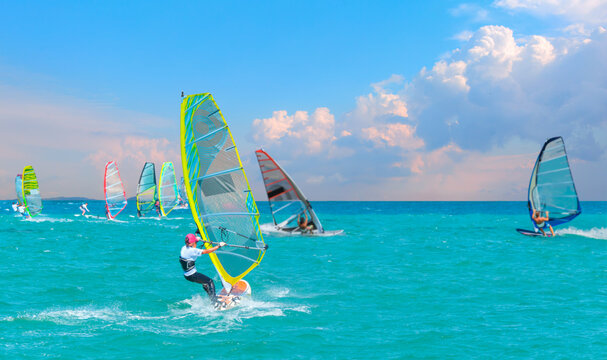 Windsurfer Surfing The Wind On Waves In Cesme bay - Izmir, Turkey