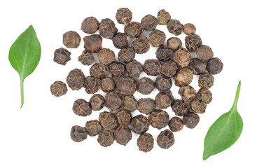 Black peppers peas isolated on white, top view