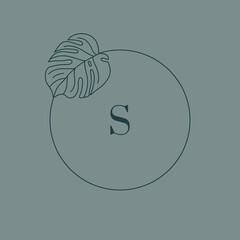 Monstera leaf Monogram design in simple minimal linear style. Vector Exotic Floral Wreath with Tropical leaves for Beauty, SPA salon, Creative Studio