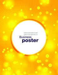 Stylish yellow poster with rays, bubbles and a button in the middle. Design layout template.