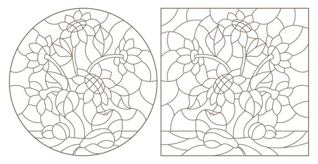 Set of contour illustrations of stained glass Windows with still lifes, bouquets of flowers and fruits,dark outlines on a white background