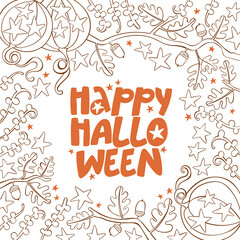 Happy Halloween. Holiday lettering. Pumpkins, branches. Oak and acorns. Card. Magic and stars. Isolated object. Brown and orange. 