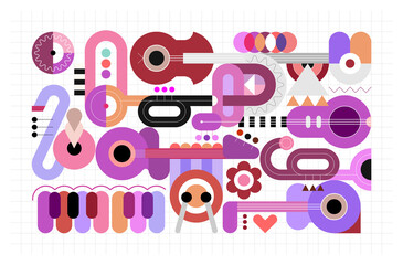 Geometric style vector illustration of different musical instruments on a grid. Graphic design with guitars, trumpets, sax, piano and drum. Abstract art background.