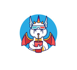 The logo dragon is watching a film and sipping a drink.