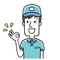 イラスト素材：若い配達員の男性、OKサイン
