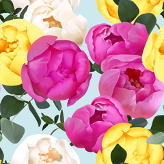 Seamless pattern. Botanical illustration of a bouquet of flowers leaflets. Peony pattern. Vintage style. Design for textiles, fabrics, wallpapers, interior items, packaging