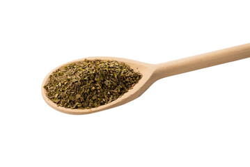 Oregano spice in wooden spoon isolated.