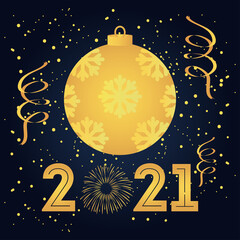 2021 happy new year golden ball with snowflake fireworks and confetti