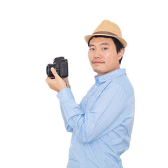 Male photographer holding DSLR camera in hand