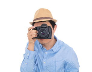 Male photographer holding SLR camera in hand to shoot