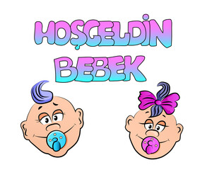 Baby boy, girl banner. Welcome Baby lettering inscription isolated on white background. Girl and boy face for invitation or greeting card. Vector illustration