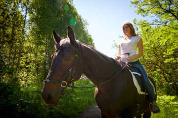 Slim girl and a brown horse in a Park on a Sunny day and green trees in the background. Young woman rides a horse.