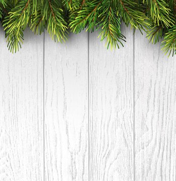 Christmas branches on white wooden board for banner design. Holiday banner happy new year. Merry christmas. Holiday vector background.