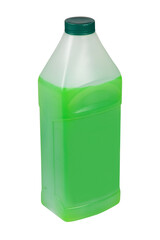 Green antifreeze in a 1-liter canister. Non-freezing cleaning liquid. There are places for a label. Side view.