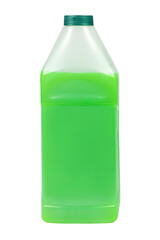 Green antifreeze in a 1-liter canister. Non-freezing cleaning liquid. There are places for a label. Frontal view.
