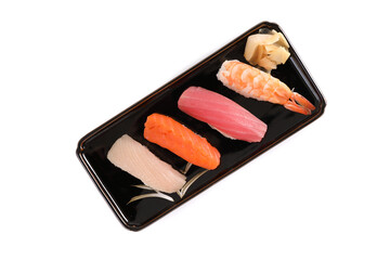 Sushi set , Japanese food sushi salmon tuna shrimp  and sea bass isolated in white background