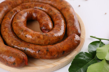 Local Northern Thai food , Northern Thai spicy sausage street food isolated in white background