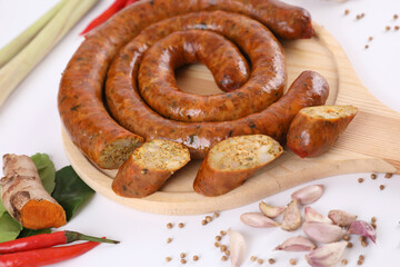 Local Northern Thai food , Northern Thai spicy sausage street food isolated in white background