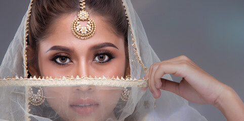 Indian beautiful bridal woman wear Traditional wedding dress costume