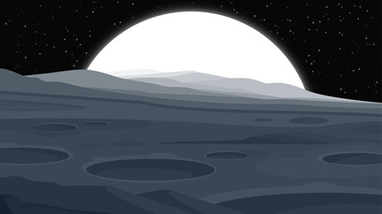 Alien planet landscape, vector space background. Fantasy planet surface with mountains and meteorite impact craters.  © NMacTavish
