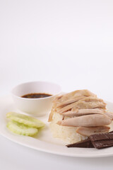 Thai food gourmet steamed chicken with rice , khao mun kai in wood background