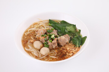 Local Thai food , Noodle with meat ball and pork isolated in white background