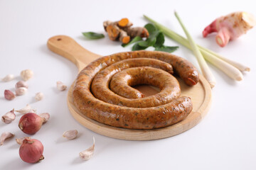 Local Northern Thai food , Northern Thai spicy sausage street food isolated in white background