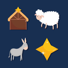 nativity, manger hut sheep donkey and star icons