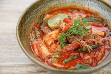 Tom Yum soup , a Thai traditional spicy prawn soup