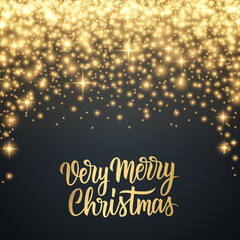 Very Merry Christmas celebrate card with hand lettering text design and golden glittering sparks. Luxury holiday background. Vector illustration.