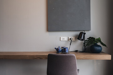 Wooden black and grey modern table and desk in bedroom