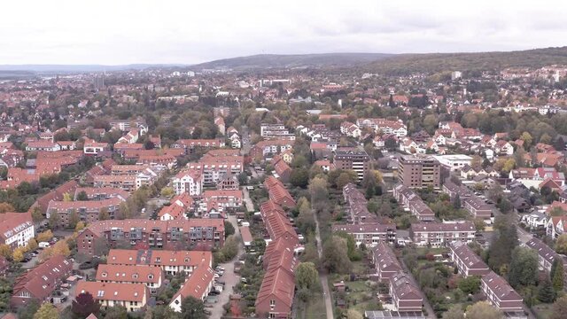 Reinhaeuser Landstrasse in Goettingen Suedstadt S&uuml;dstadt captured by a drone aerial shot in late autumn.