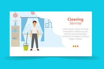 Vector cartoon style illustration of cleaning service man character. Housekeeping icons. Isolated on white background. 