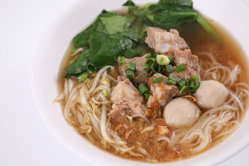 Local Thai food , Noodle with meat ball and pork isolated in white background