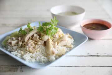 Thai food gourmet steamed chicken with rice in wood background
