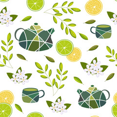 Seamless vector pattern with items for green tea on a white background. Teapots and cups.